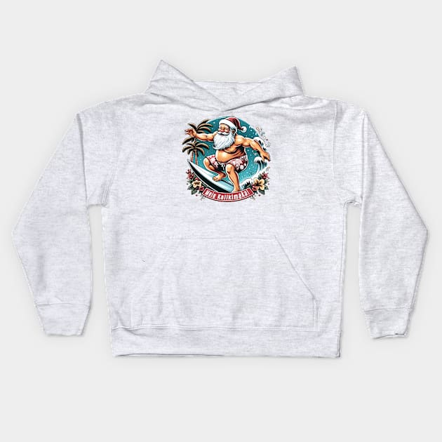 Mele Kalikimaka! - surfing Santa Kids Hoodie by Neon Galaxia